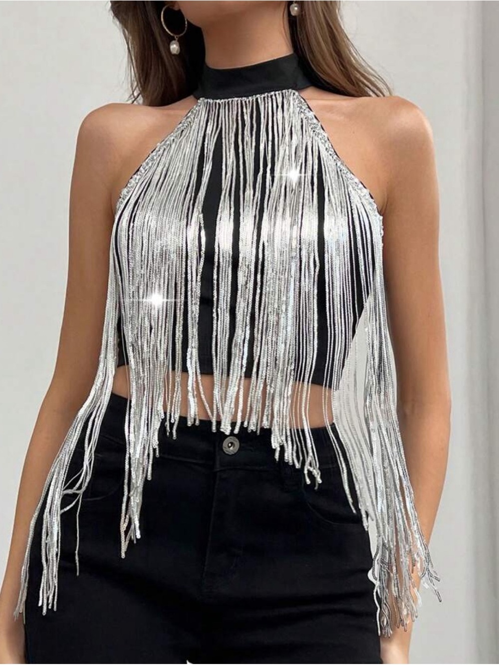 NWT Fringe Party, Night out Halter Crop Top with Silver Beaded Tassels - Women